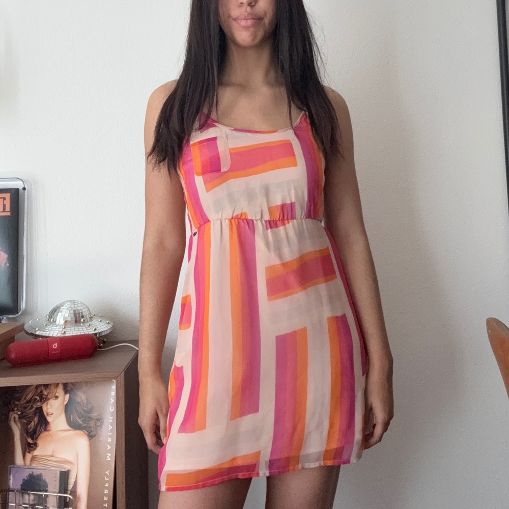 Roxy Womens‎ Pink Orange Geometric Stripe Empire Waist Sundress 470224 Small